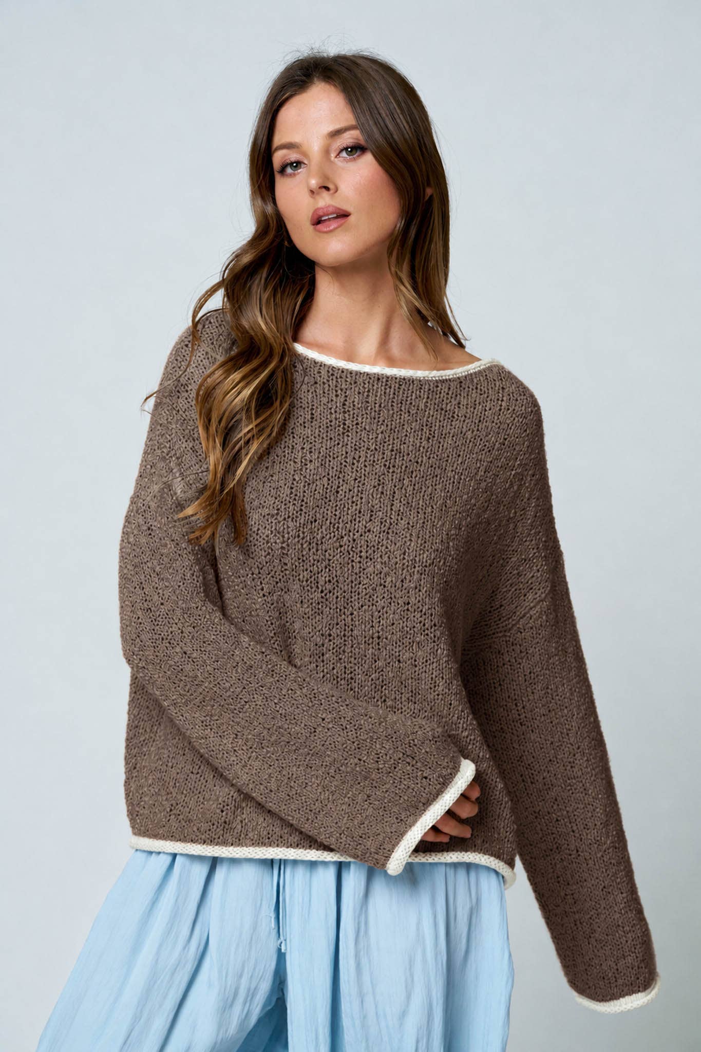 Boat Neck Contrast Trim Long Sleeve Knit Sweater: Mocha