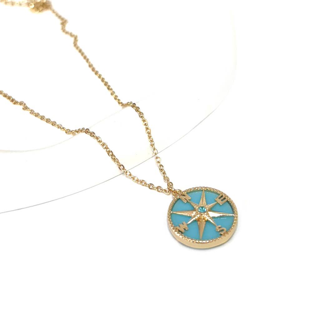 Compass Coin w/Stone Center Pendant SF Chain Necklace: Blue