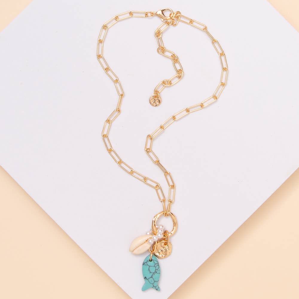 Fish Charm Pearl Seashell Necklace: Turquoise