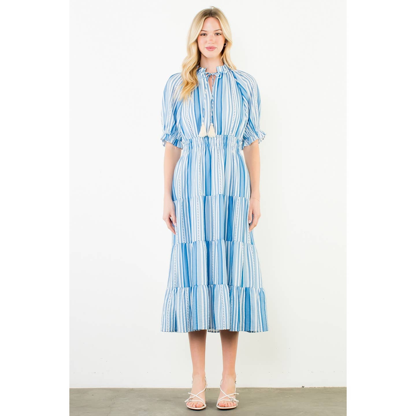 Puff Sleeve Striped Pattern MIDI Dress in Blue