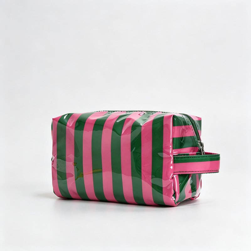 Striped Print PVC Zipper Pouch: Green Rose / F
