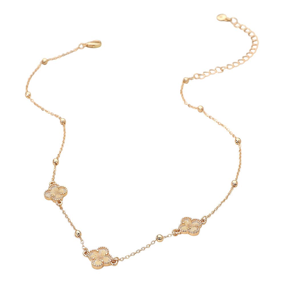 Floral Encased Quatrefoil Charm Station Necklace: Gold,White