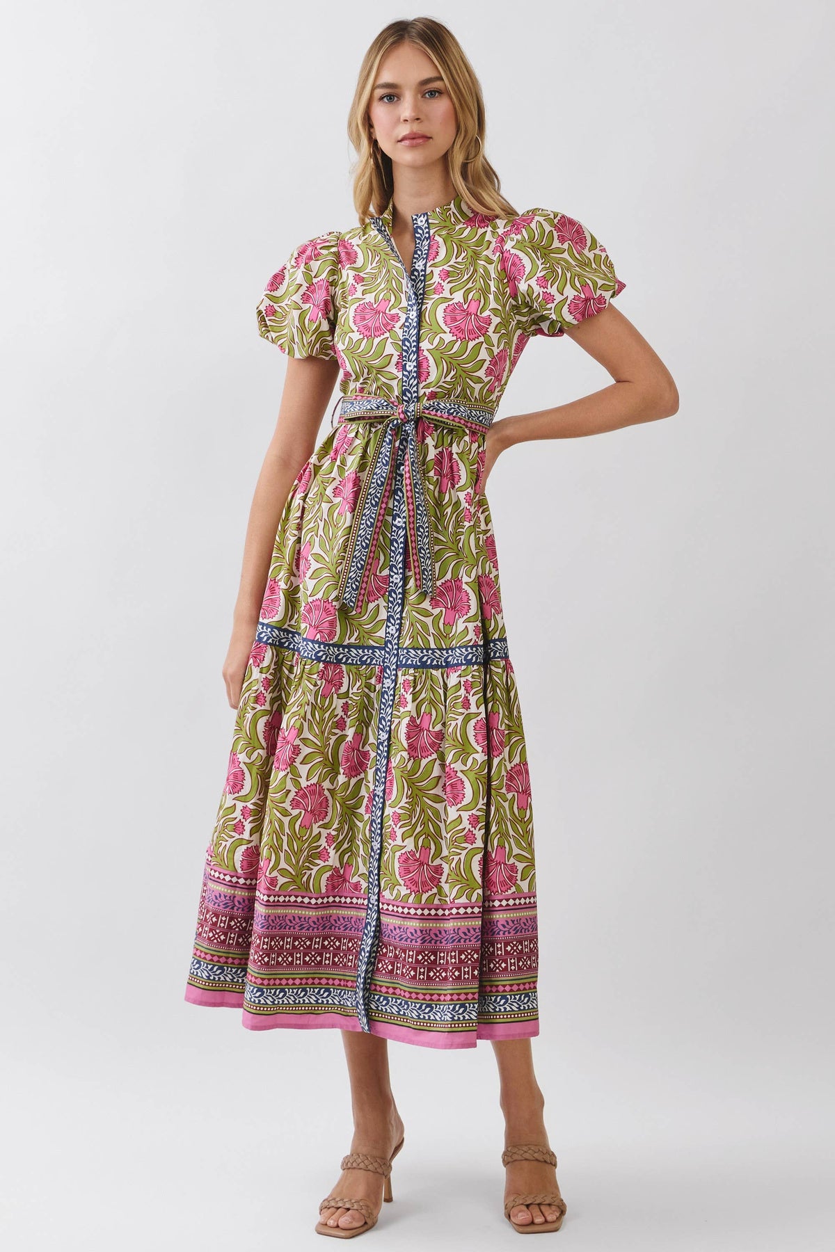 Floral Border Print Tie Waist Maxi Dress