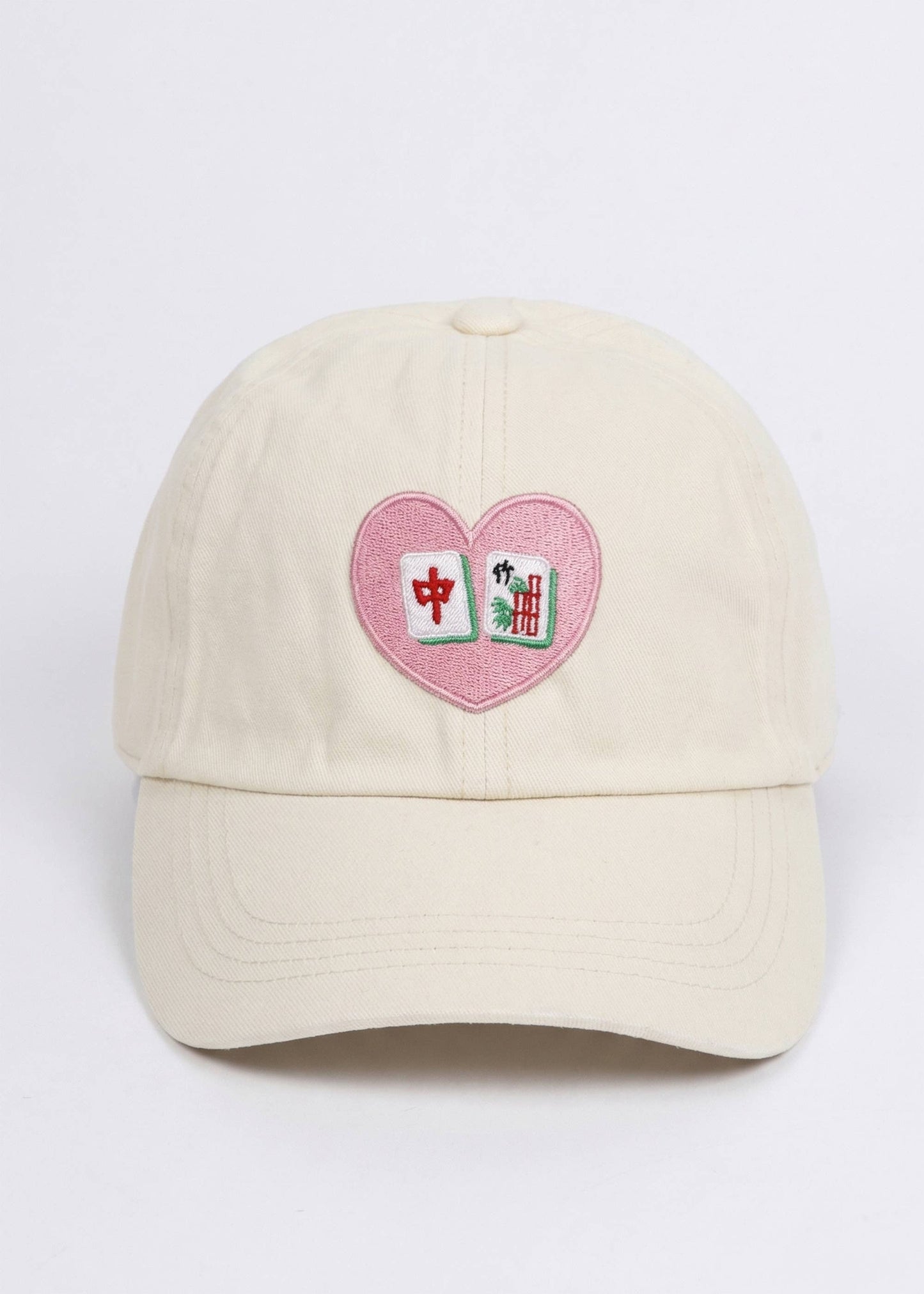 MAHJONG Heart Tiles Embroidered Baseball Cap: Beige