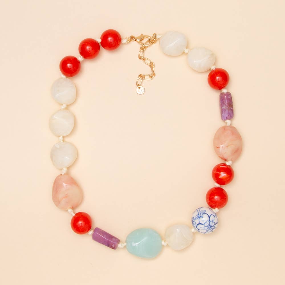 Beaded Multi Color Stone Necklace: Red