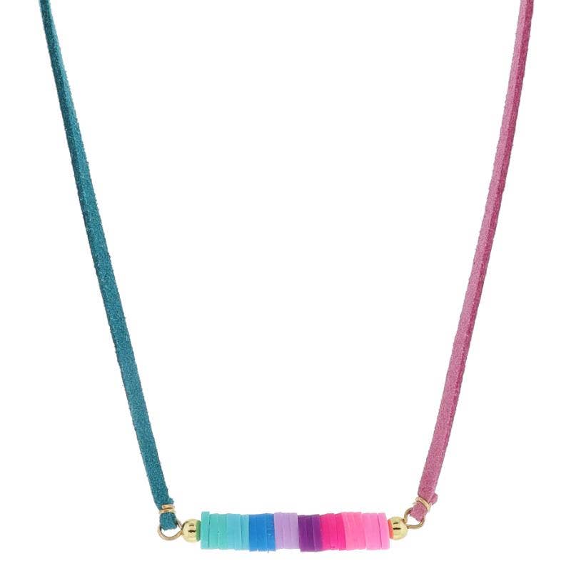 Kids Half Teal, Half Pink Suede & Rainbow Sequins Necklace
