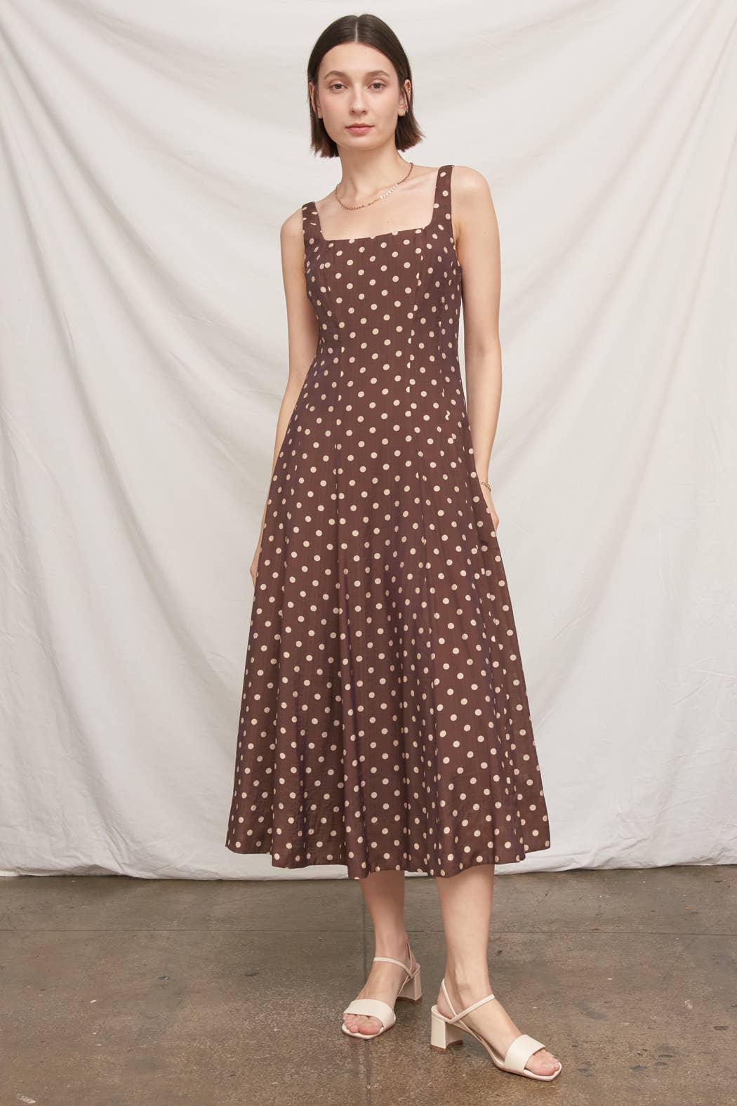 Polka Dot Square Neck Midi Skirt: Brown