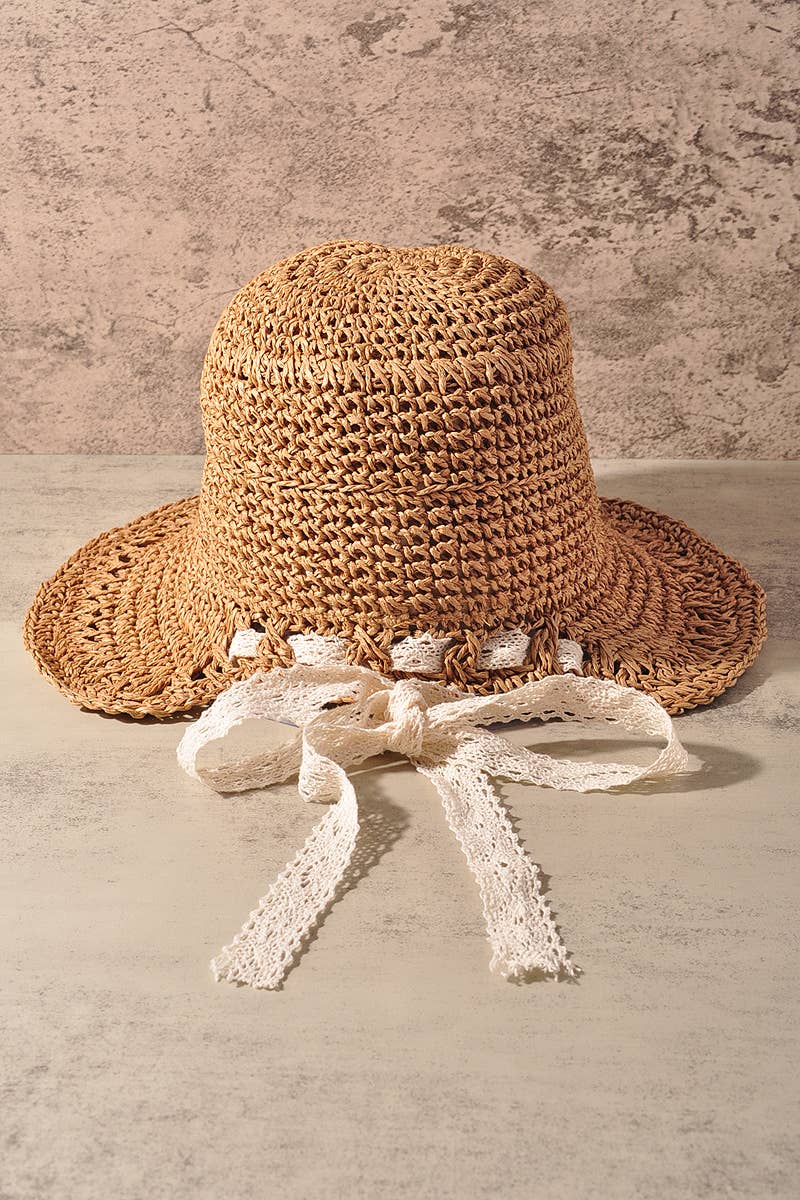Straw Open Weave Wide Brim Bucket Sun Hat: Mocha