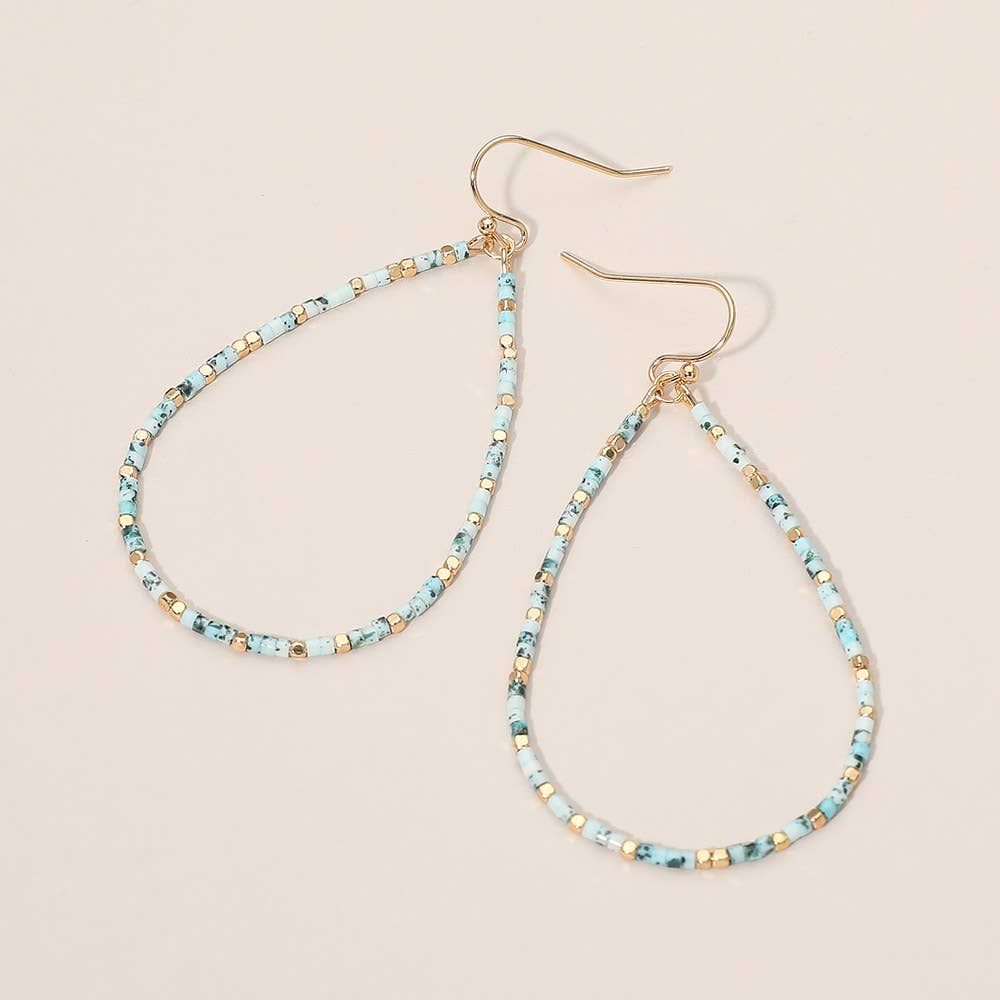 Seed Beaded Teardrop Hoop Drop Dangle Earrings: Light Blue