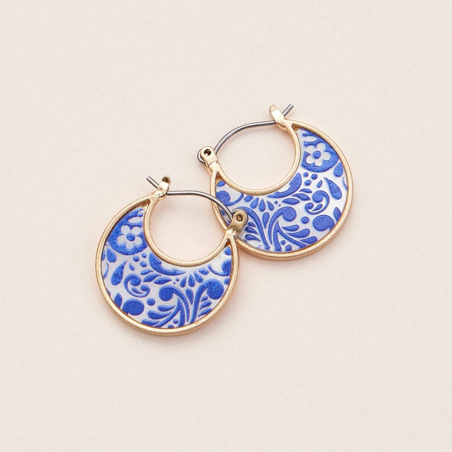 Boho-Chic Gold and Blue Mother of Pearl Floral Huggies: Blue / One /