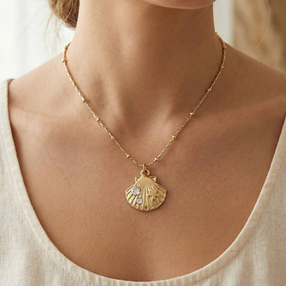 Crystal Accent Seashell Charm Pendant Necklace: G