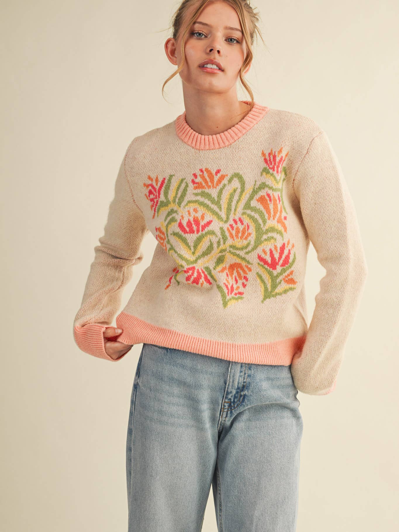 Floral Knit Sweater: Ivory Coral