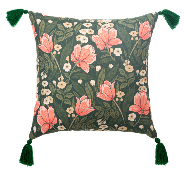 Green Floral Pattern Pillow with Tassels
