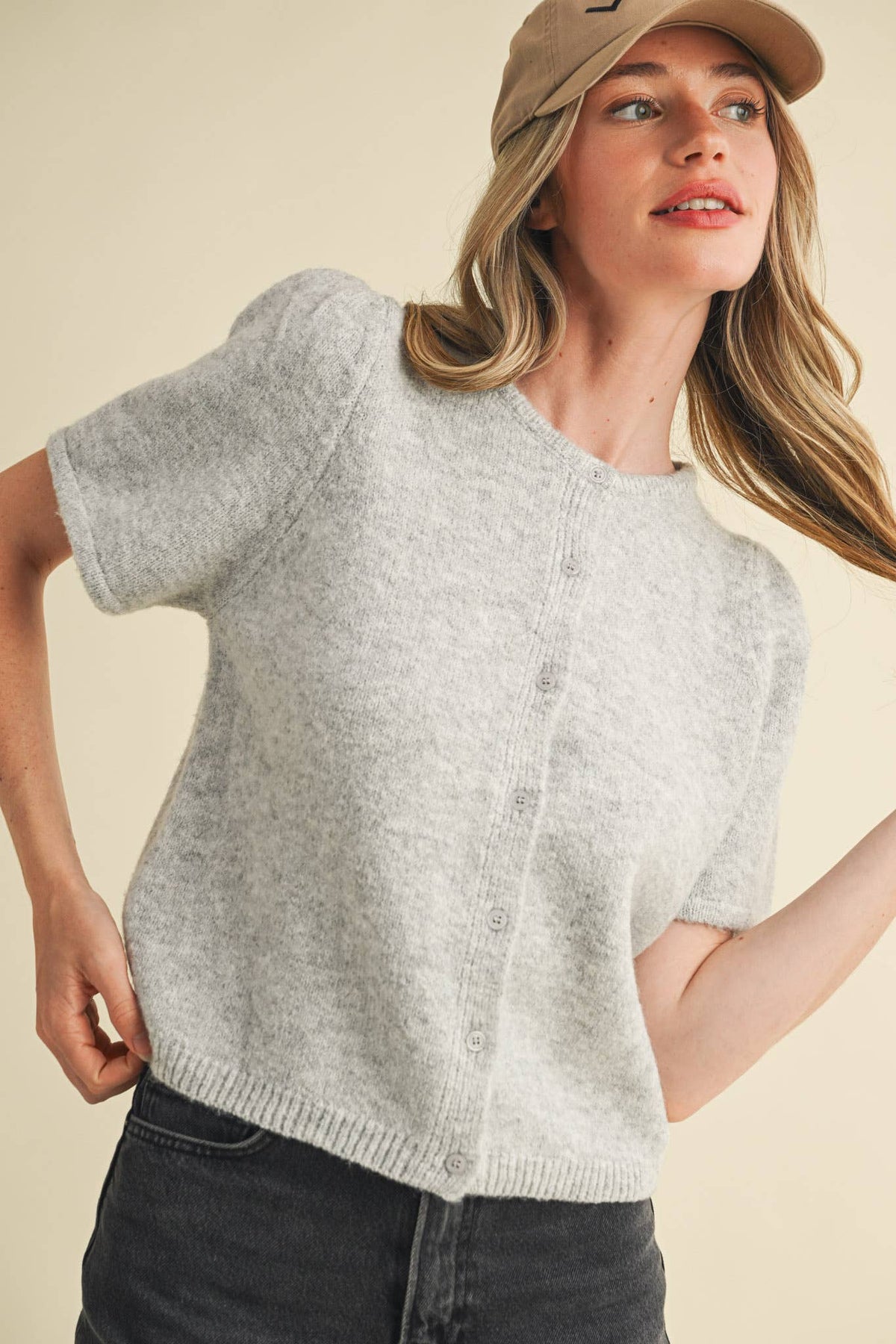 Short Puff Sleeve Sweater Cardigan: H Grey