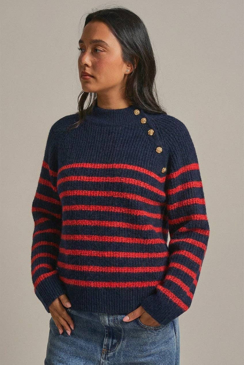 Striped Mock Neck Sweater with Gold Buttons: Red/Navy
