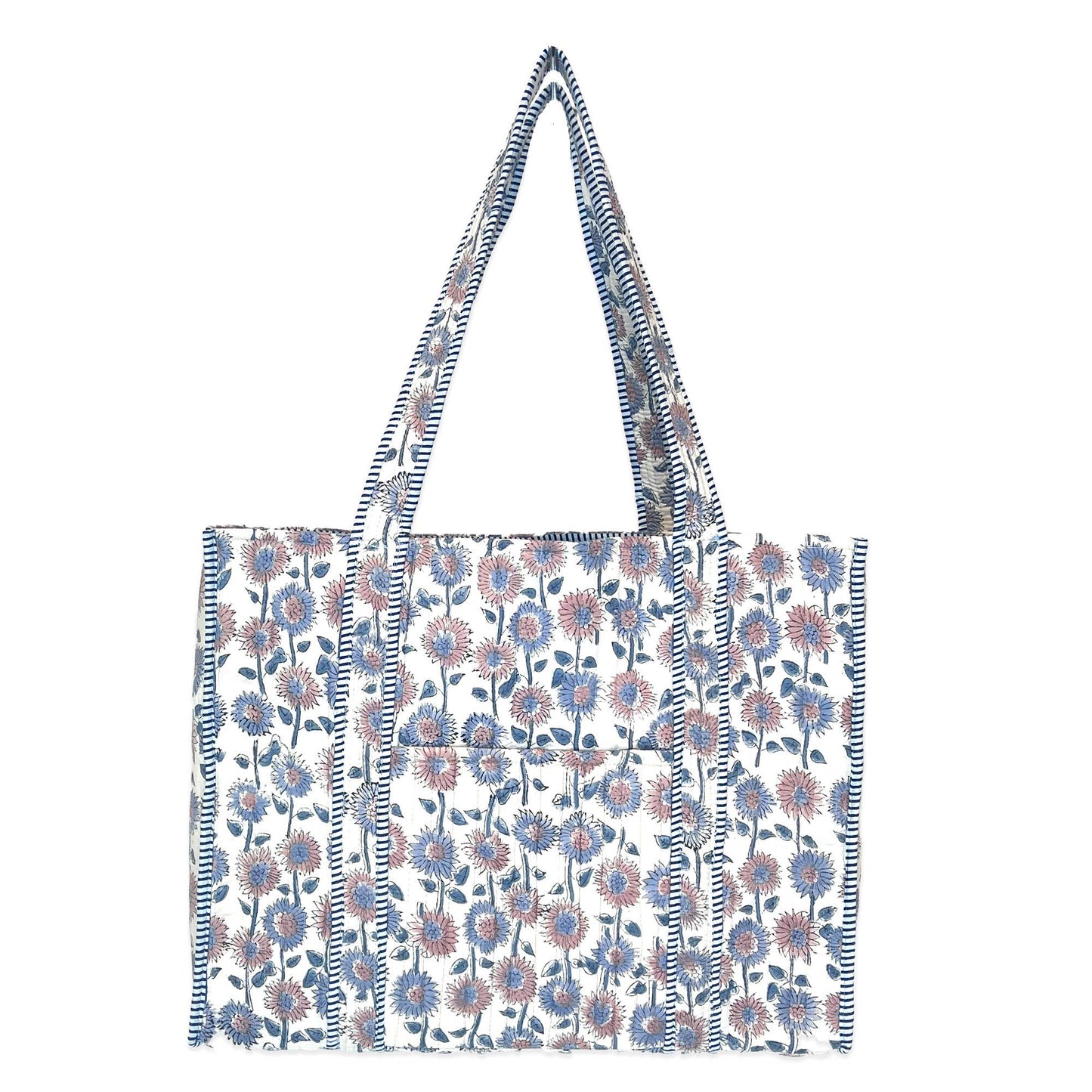 Quilted Block-Printed Tote Bag with Travel Pouch: Vivid Wildflowers