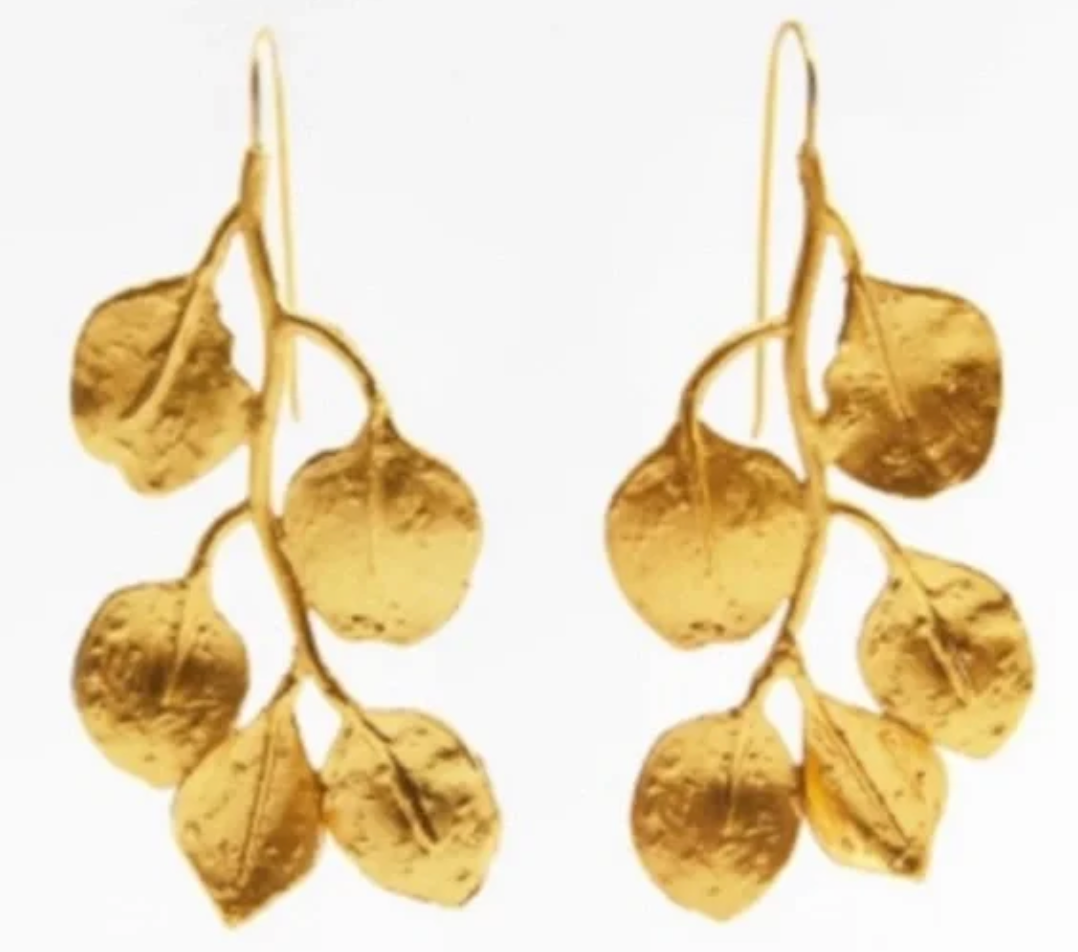 Leaf Branch- Steel 14K hammered Earring Drop Chandelier : Yellow Gold NON TARNISH