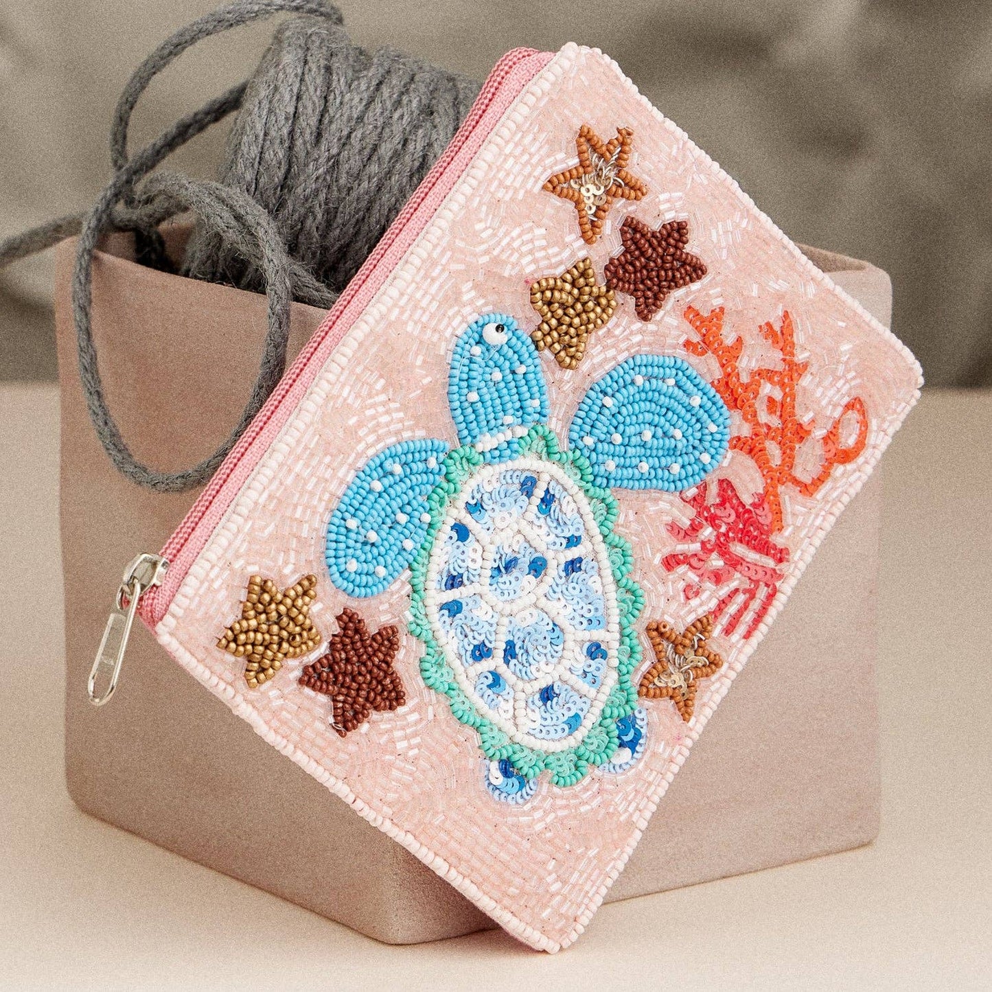 Beaded Sea Turtle Coin Purse – Ocean-Themed Zip Pouch with Coral & Starfish: Multicolor / One /