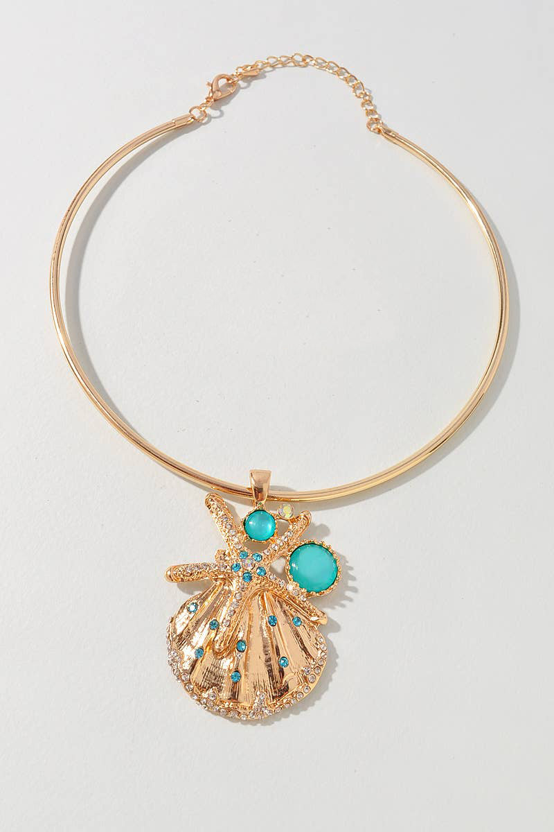 SHELL SHAPE PENDANT NECKLACE: Gold Turquoise