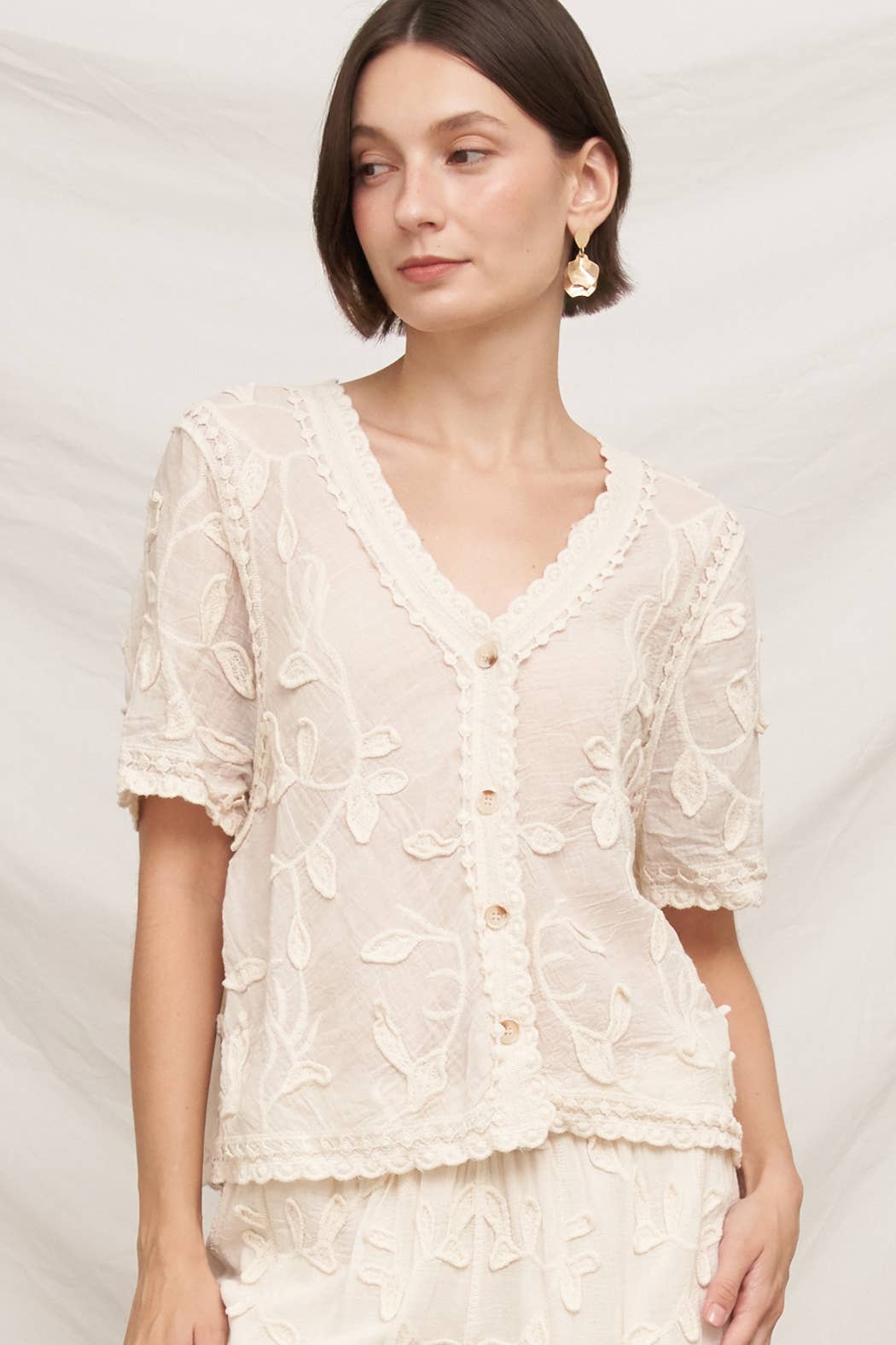 Textured Floral Embroidered Top: Cream