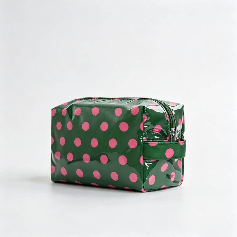 Polka Dots PVC Zipper Cosmetic Pouch: Green Pink / F
