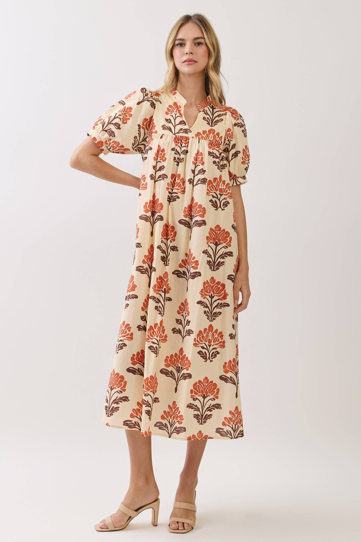 Botanical Print Babydoll Midi Dress