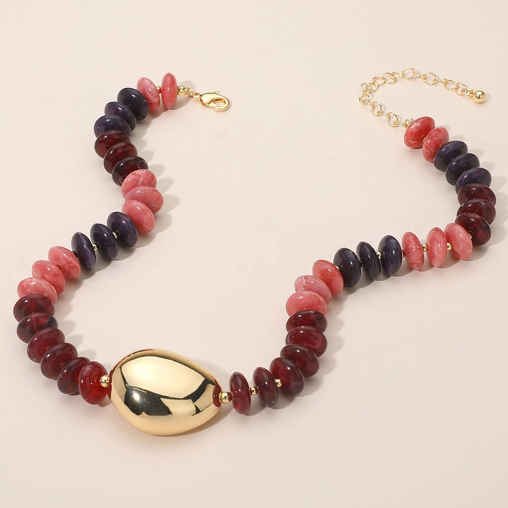 Chunky Pebble Resin Beaded Statement Necklace: Burgundy,Gold
