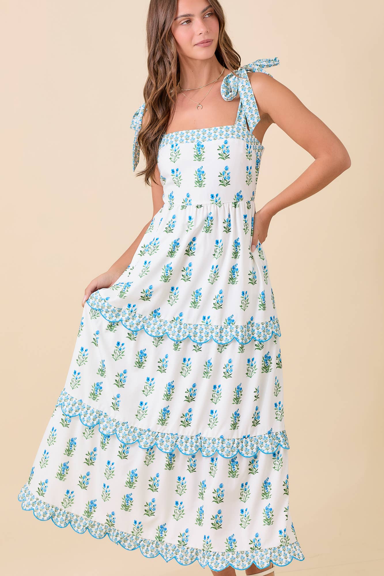 Shoulder Strap Tie Summer Midi Dress With Floral She la la Shoulder Strap Tie Summer Midi Dress With Floral She la la