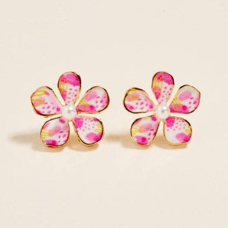0.75 In Watercolor Flower Earrings: Gold/Pink / ONE