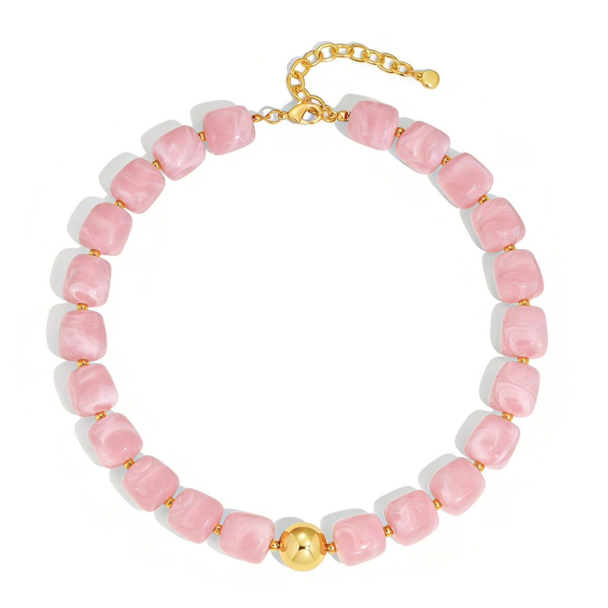 Women Square Resin Bead Necklace With Gold Ball Detail: Pink / M