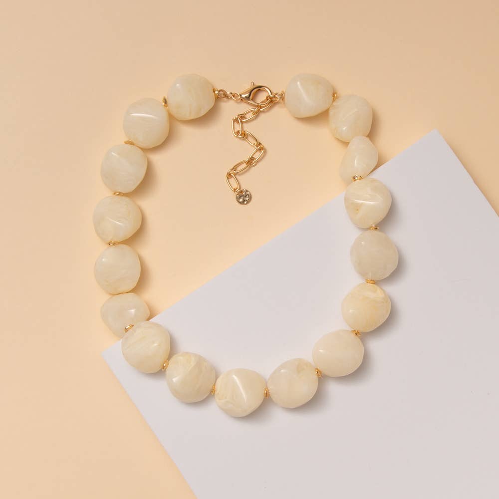 Marbled Chunky Stone Bead Necklace: Ivory