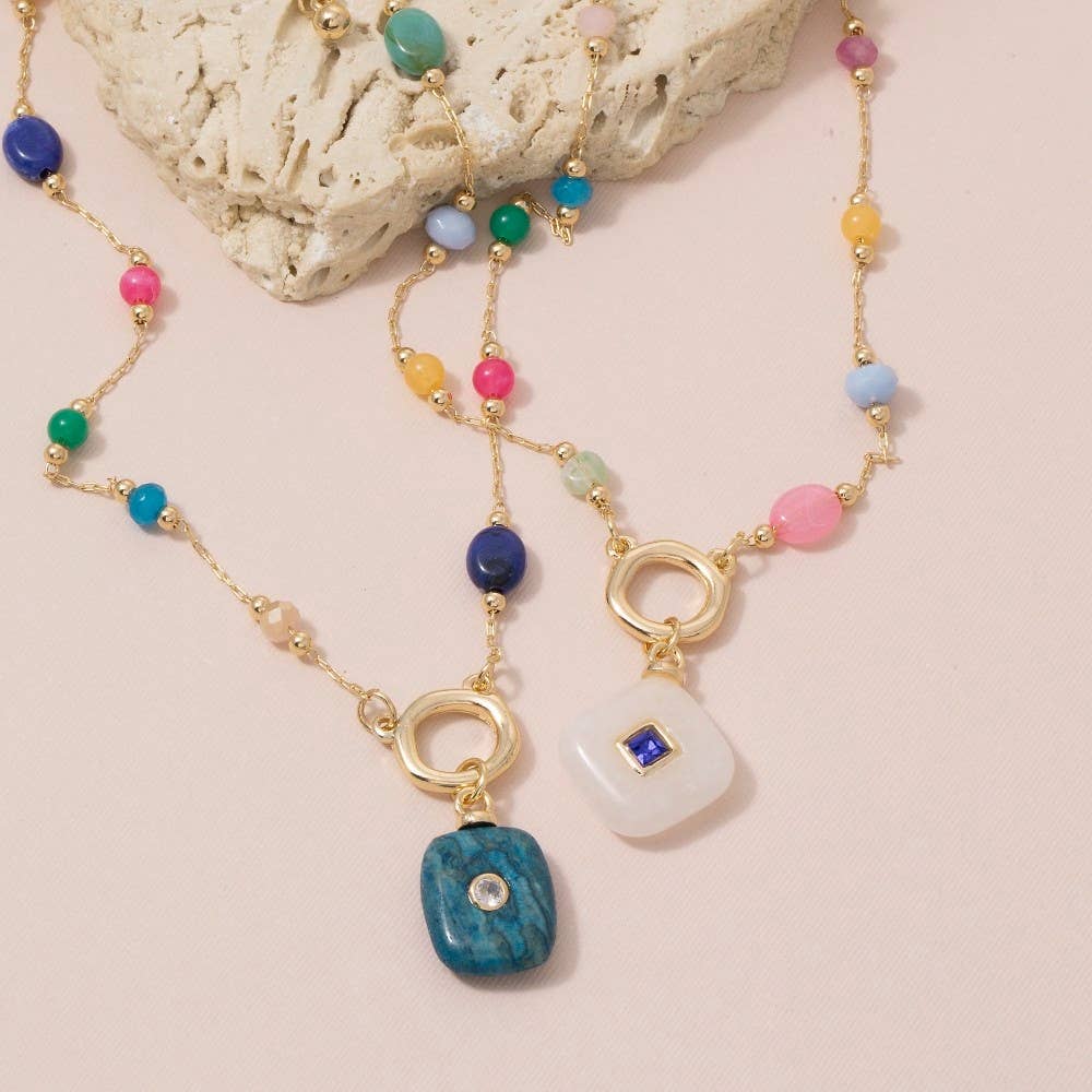 Green Gem Multicolor Stone Pendant Station Necklace