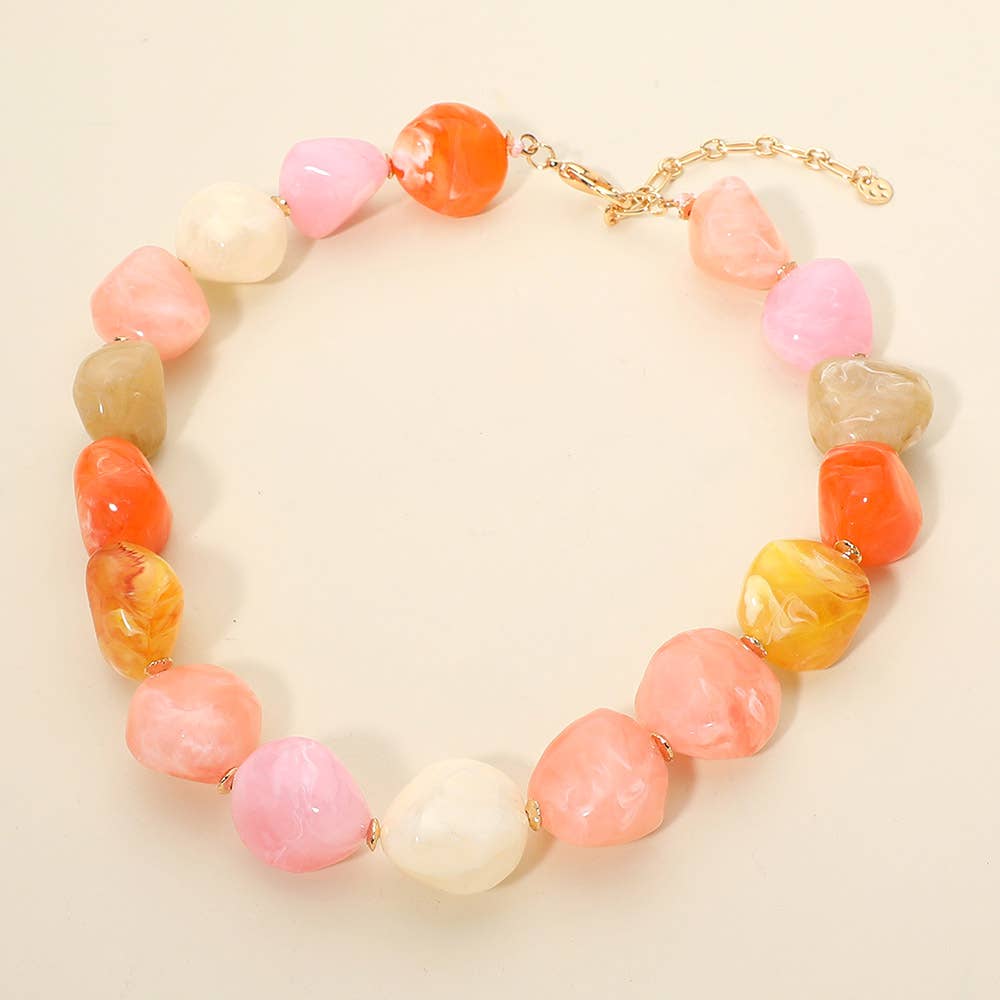 Chunky Marbled Resin Pebble Beaded Statement Necklace: Pink