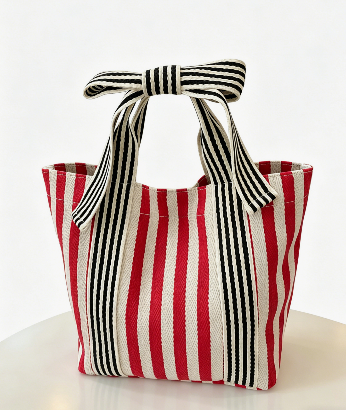 Mini Striped Tote Bag Beach Bow Handle Bag: Red / M