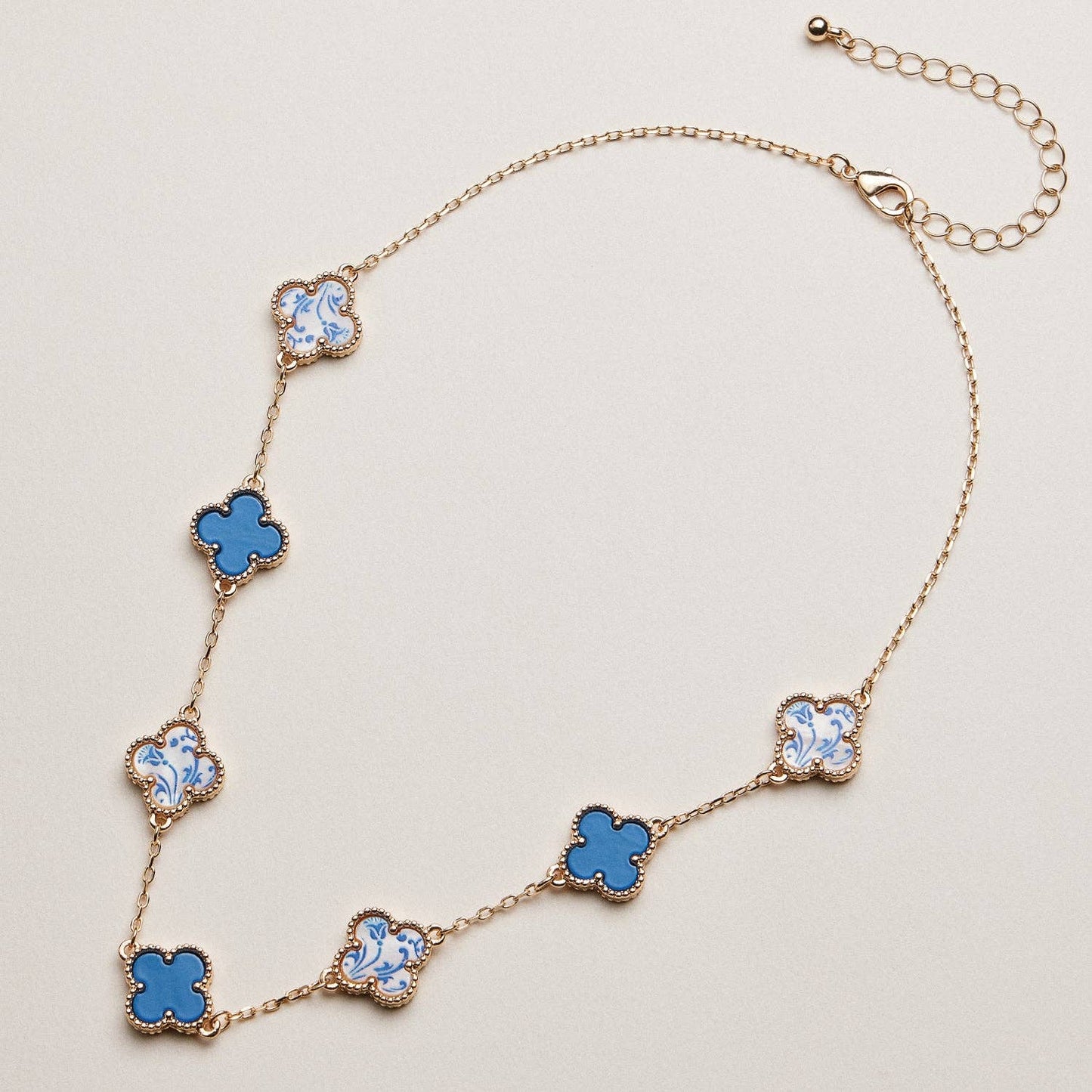 Blue Porcelain Clover Station Necklace: BLU / ONE