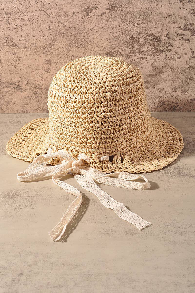 Straw Open Weave Wide Brim Bucket Sun Hat: Natural