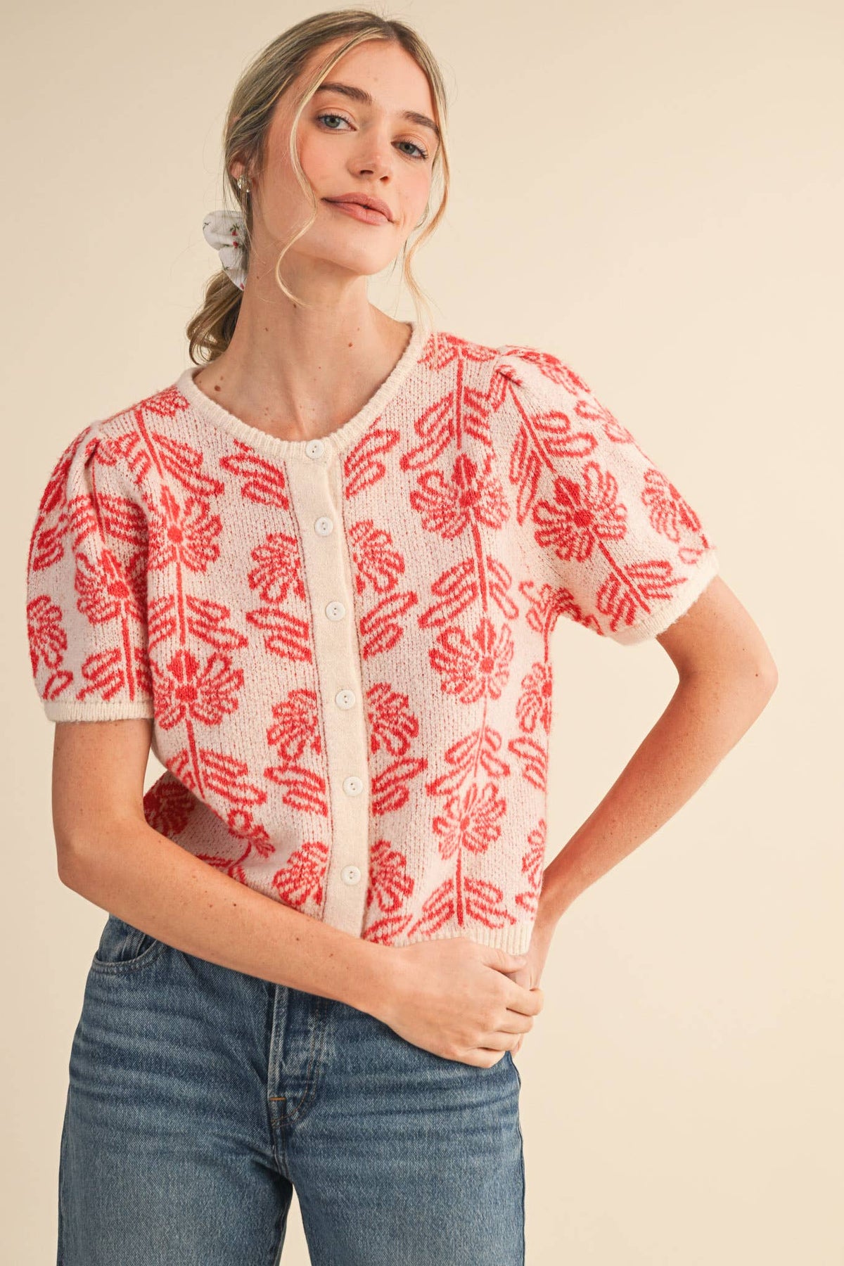 Floral Knit Short Puff Sleeve Sweater Cardigan: Poppy Red