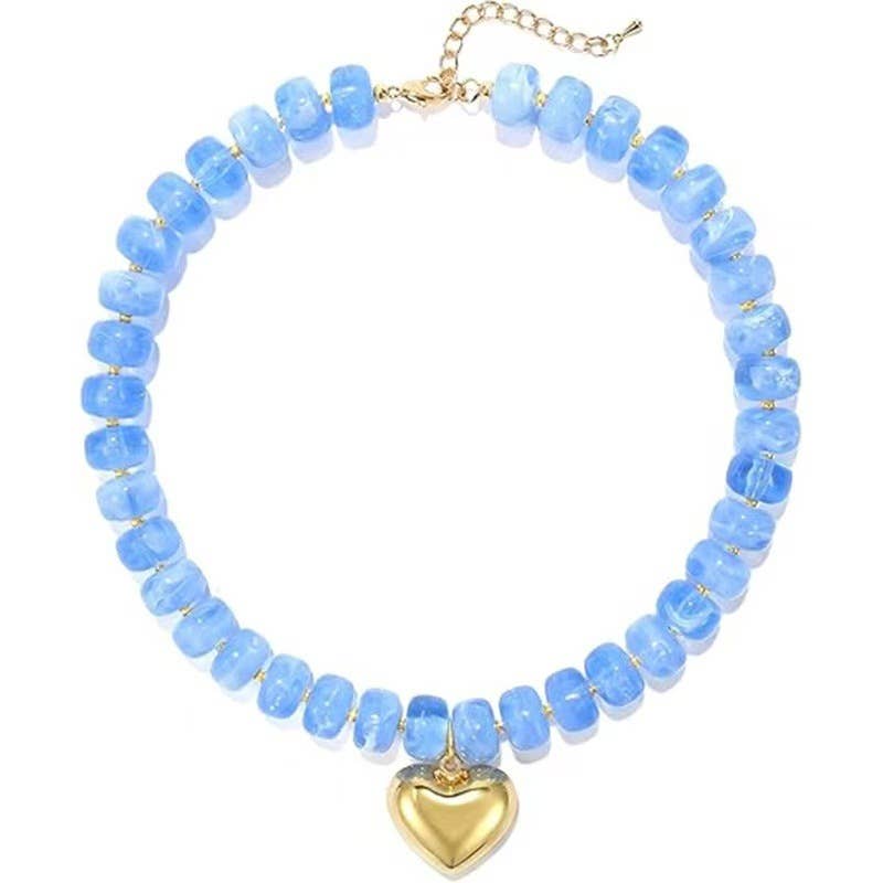 Colorful Resin Bead Necklace with Gold Heart-Shaped Pendant: Color_02 / M
