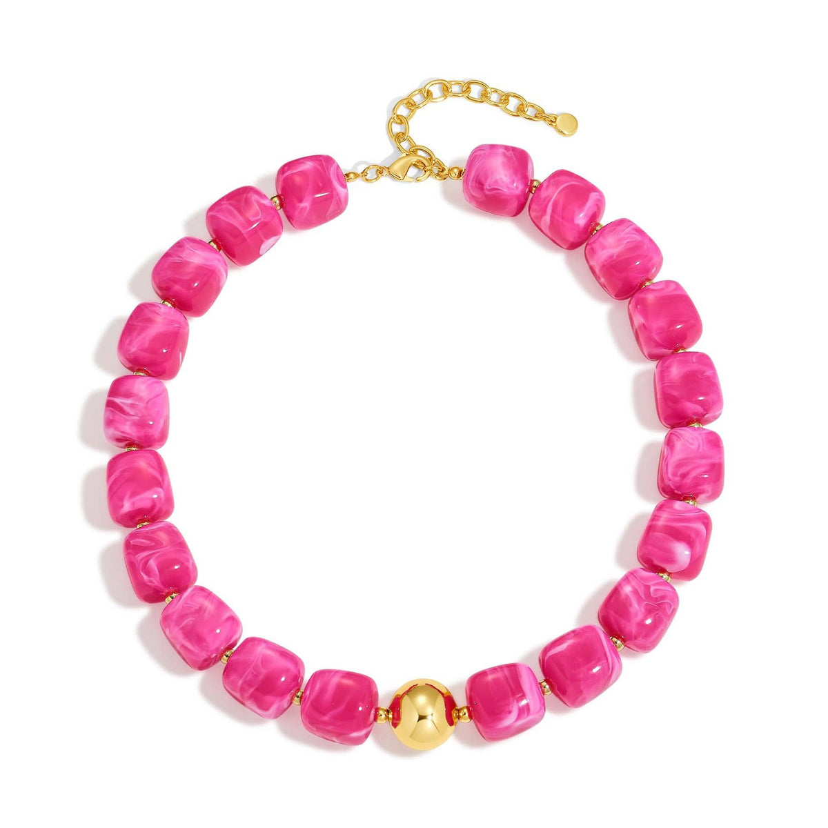 Women Square Resin Bead Necklace With Gold Ball Detail: Rose_Red / M