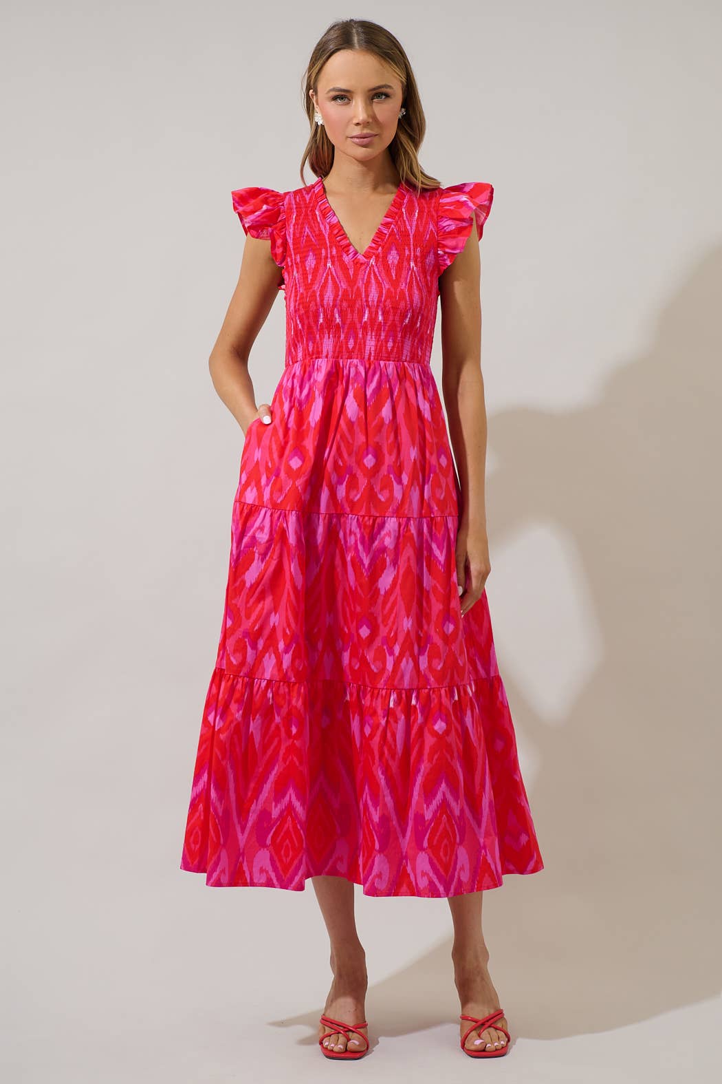 Blevin Ikat Sunfire Smocked Bodice Tiered Midi Dress