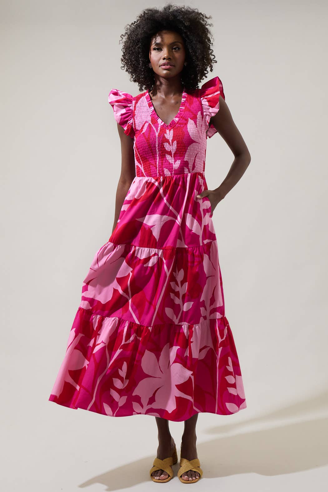 knee length dresses for ladies Mila Floral Sunfire Smocked Bodice Tiered Midi Dress – She la la