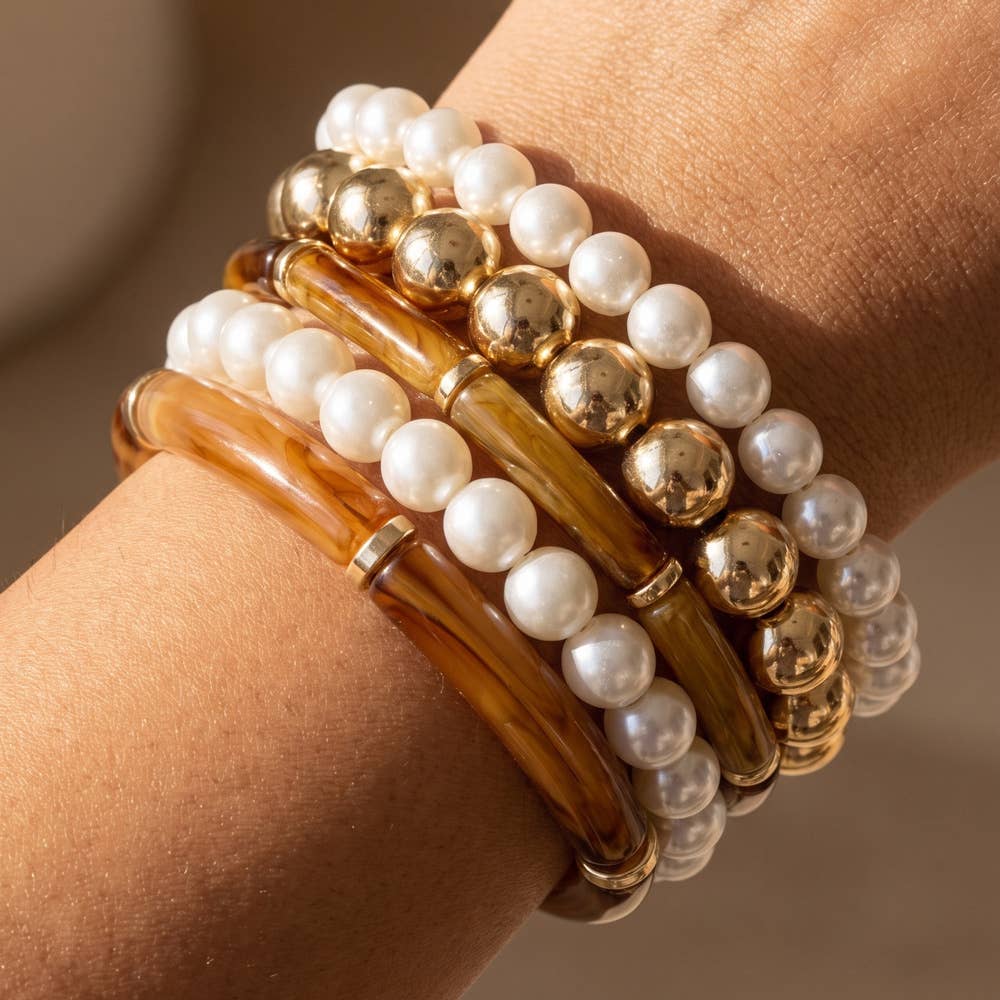 Pearl And Bamboo Bead Stretch Bracelet Set: BRN