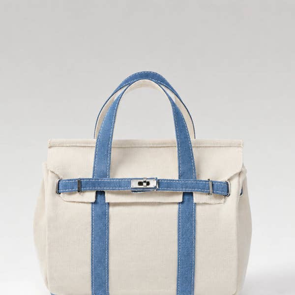 Handmade Mini Cotton Canvas Tote Bag: Demin Blue
