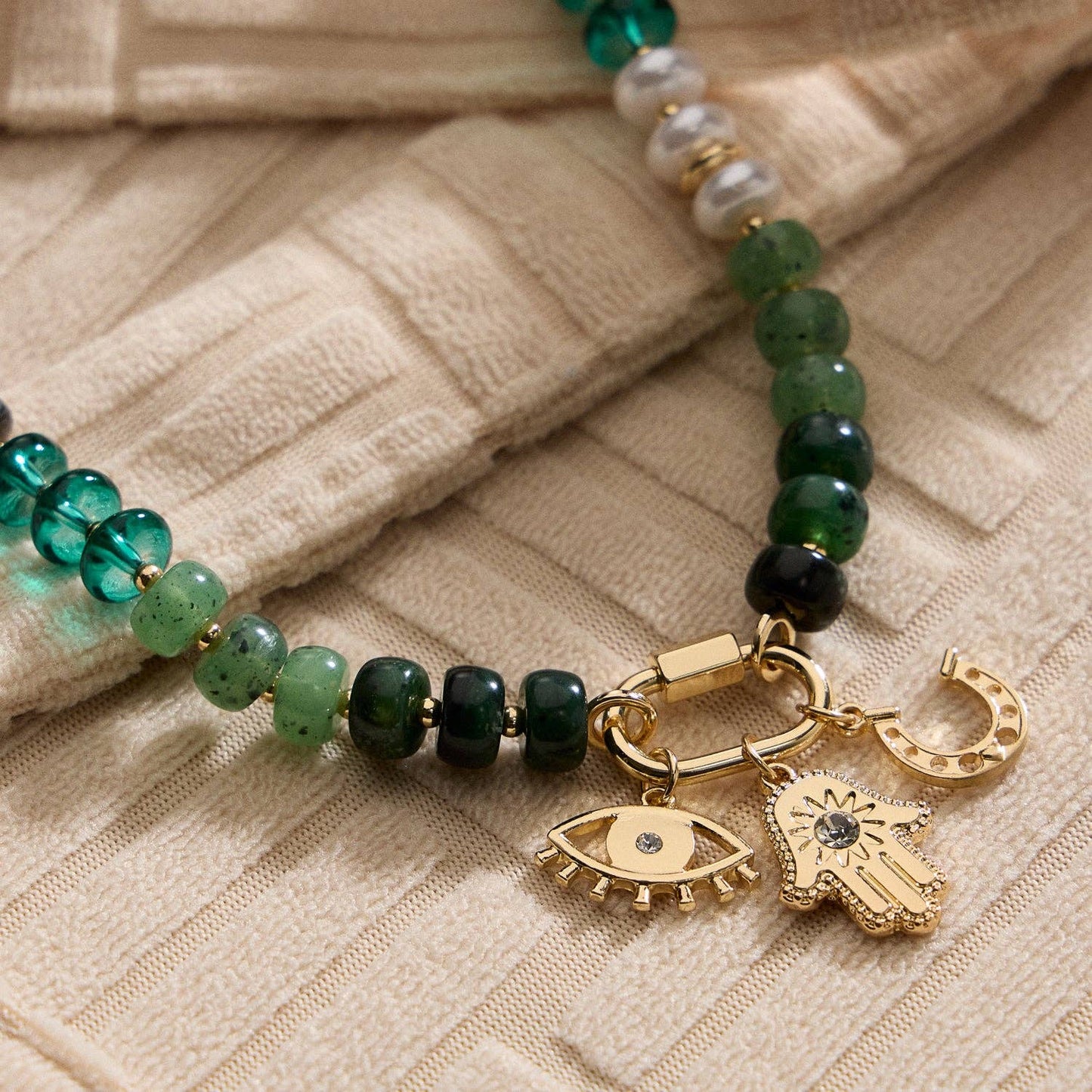 Textured Glass Bead Necklace with Charm Trio Olive