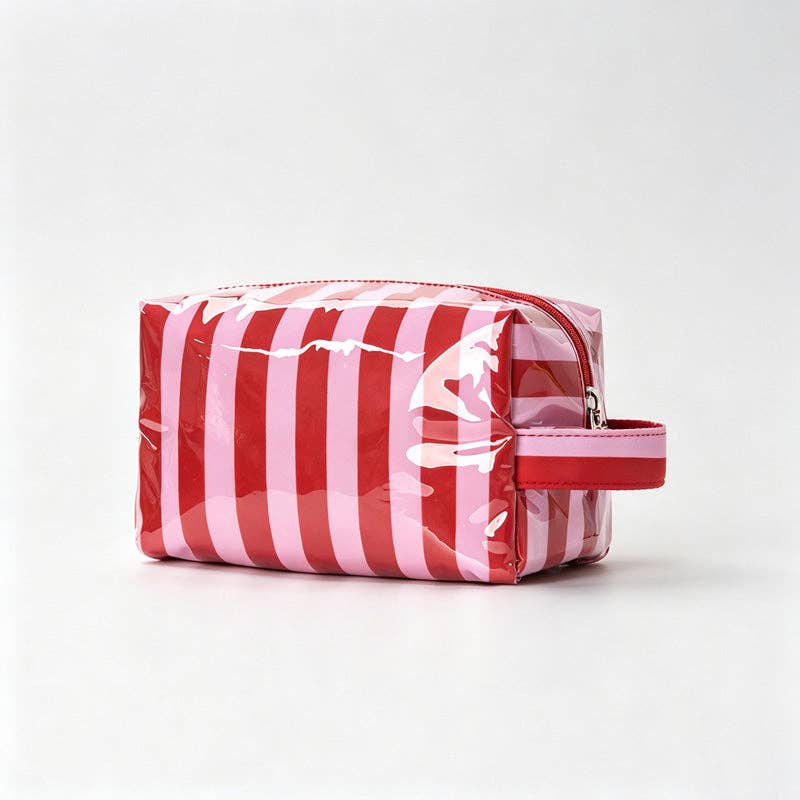 Striped Print PVC Zipper Pouch: Red Pink / F
