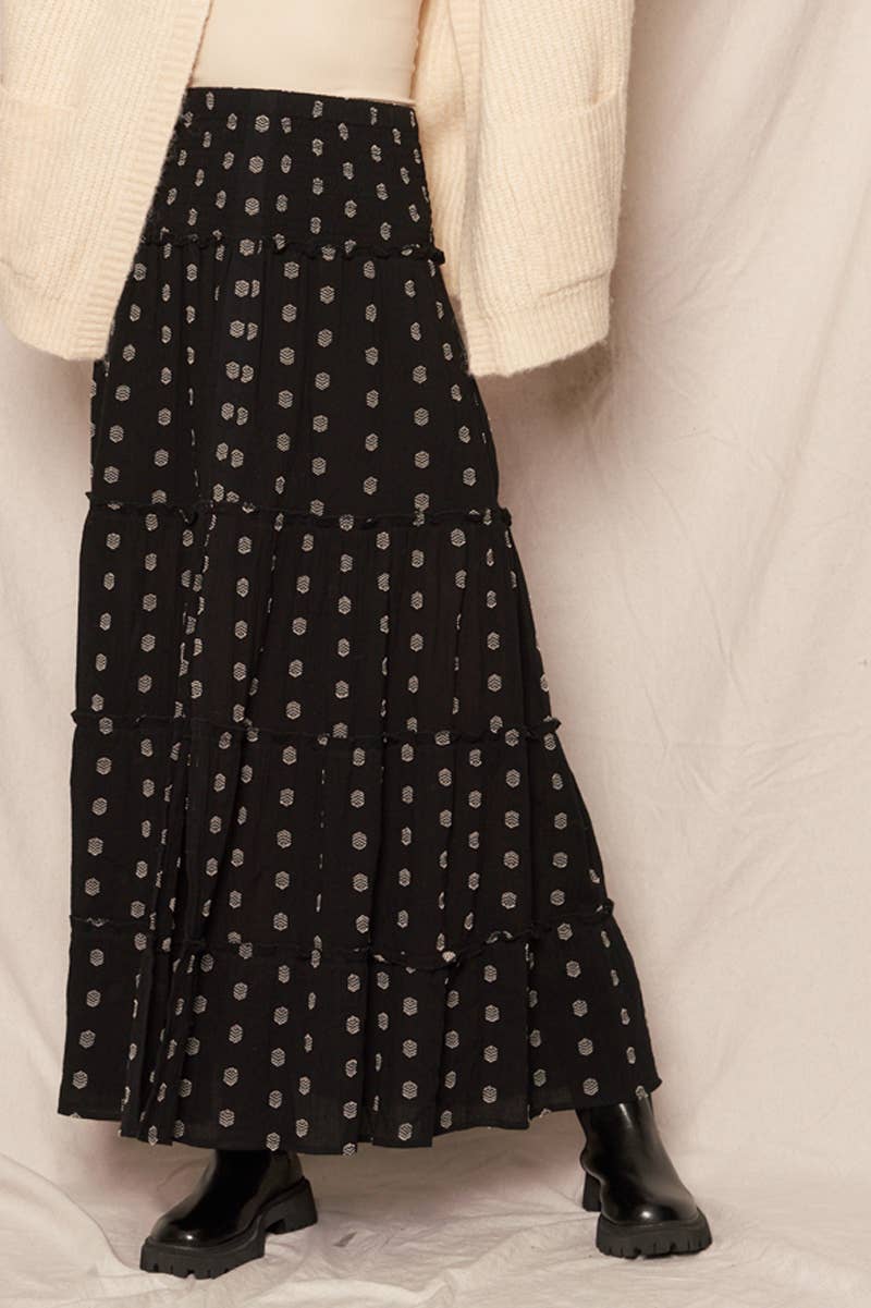 Embroidered Polka Dot Tiered Maxi Skirt: Black Ivory