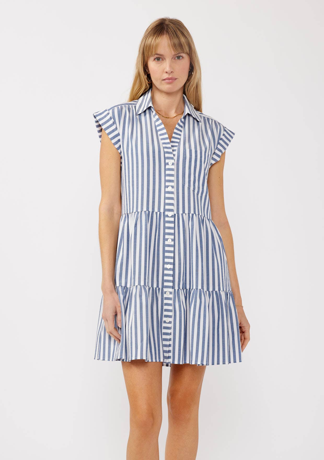 Striped Collared Button-Down Tiered Dress