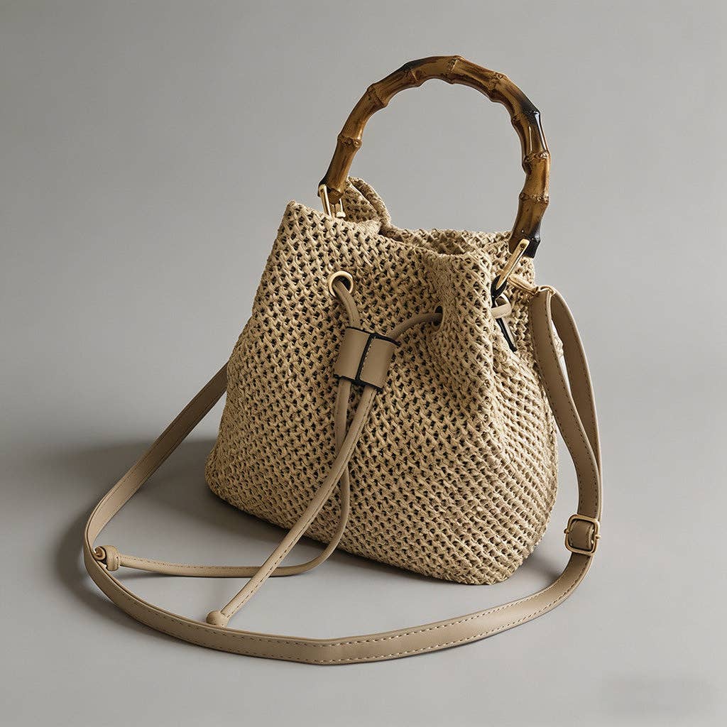 Bamboo Handle Straw Bucket Crossbody Bag: Khaki / One Size