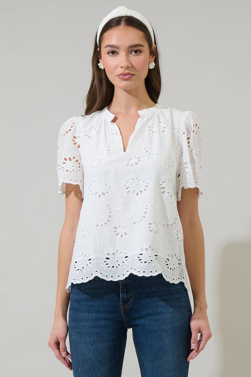 Shirin Eyelet Split Neck Top