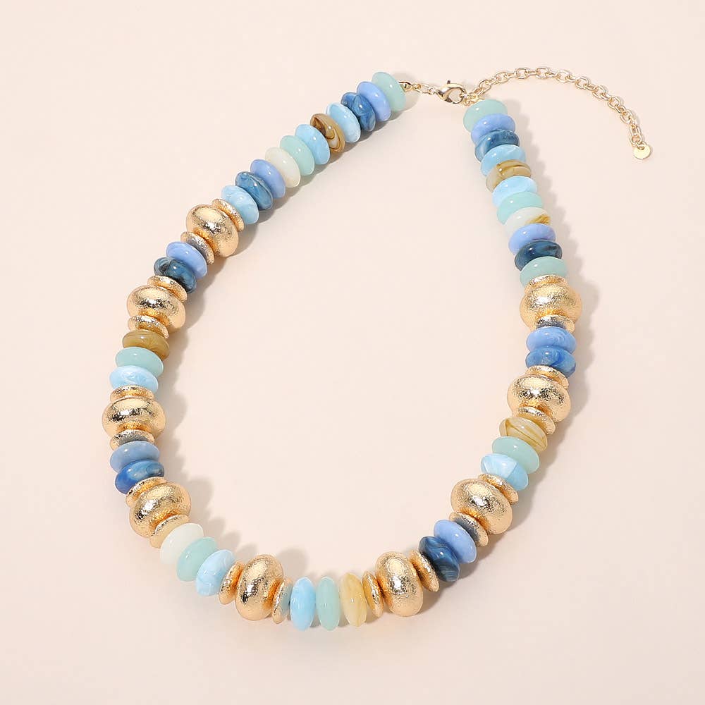 Chunky Mixed Disc Beaded Necklace: Blue,Gold,Multi